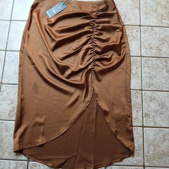 #0184 Petite Satin Runched Front Midi Shirt Chocolate 14 Size 10 - Picture 1 of 16